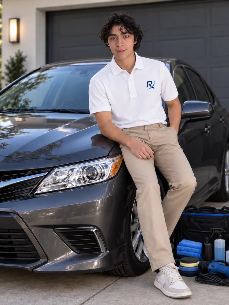 Axel Colunga, owner of Clearly Refined, beside a vehicle and his headlight restoration equipment