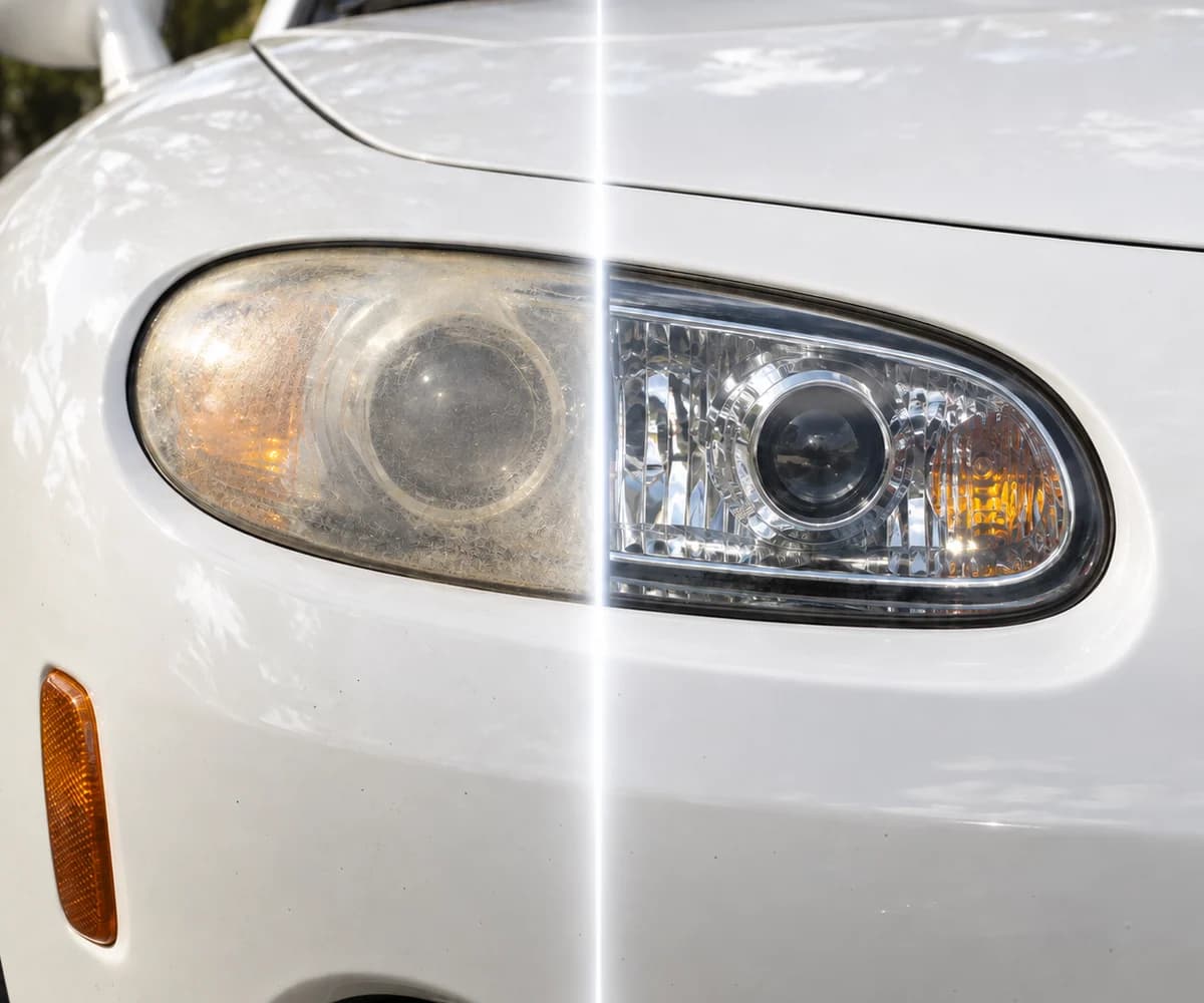 Split before-and-after view of a cloudy headlight restored to a clear finish by Clearly Refined