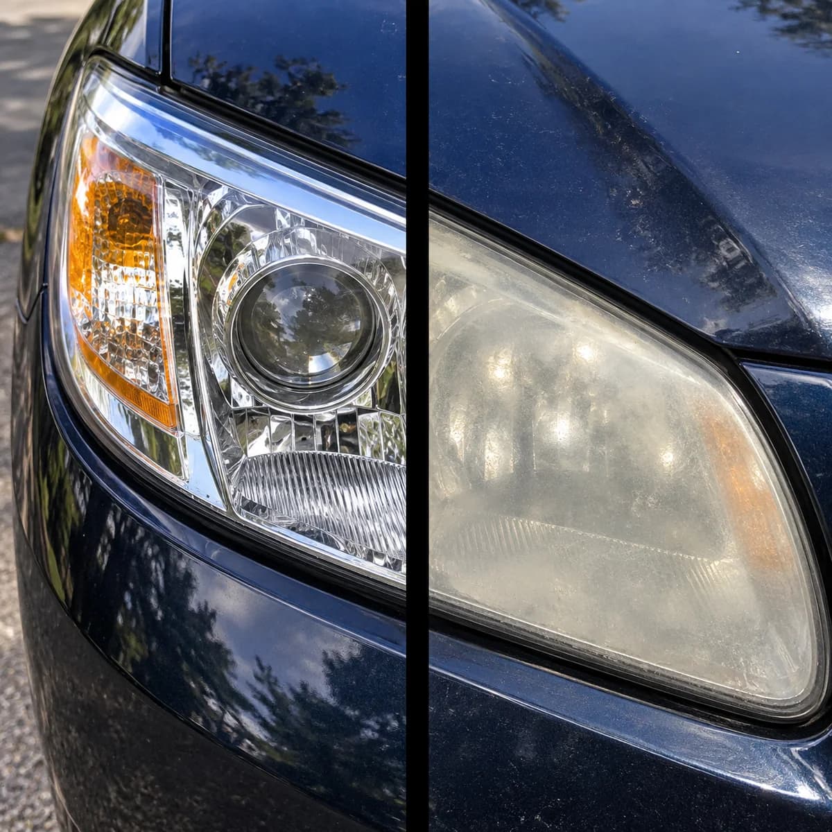 Before-and-after headlight restoration on a dark blue vehicle, showing a clear restored lens beside the cloudy original condition
