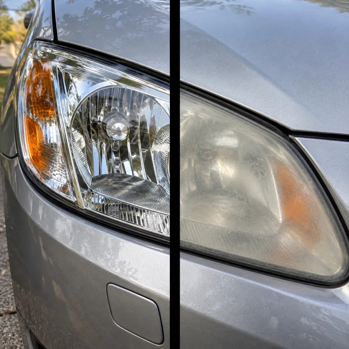 Before-and-after headlight restoration on a silver vehicle, showing restored clarity beside a heavily oxidized lens