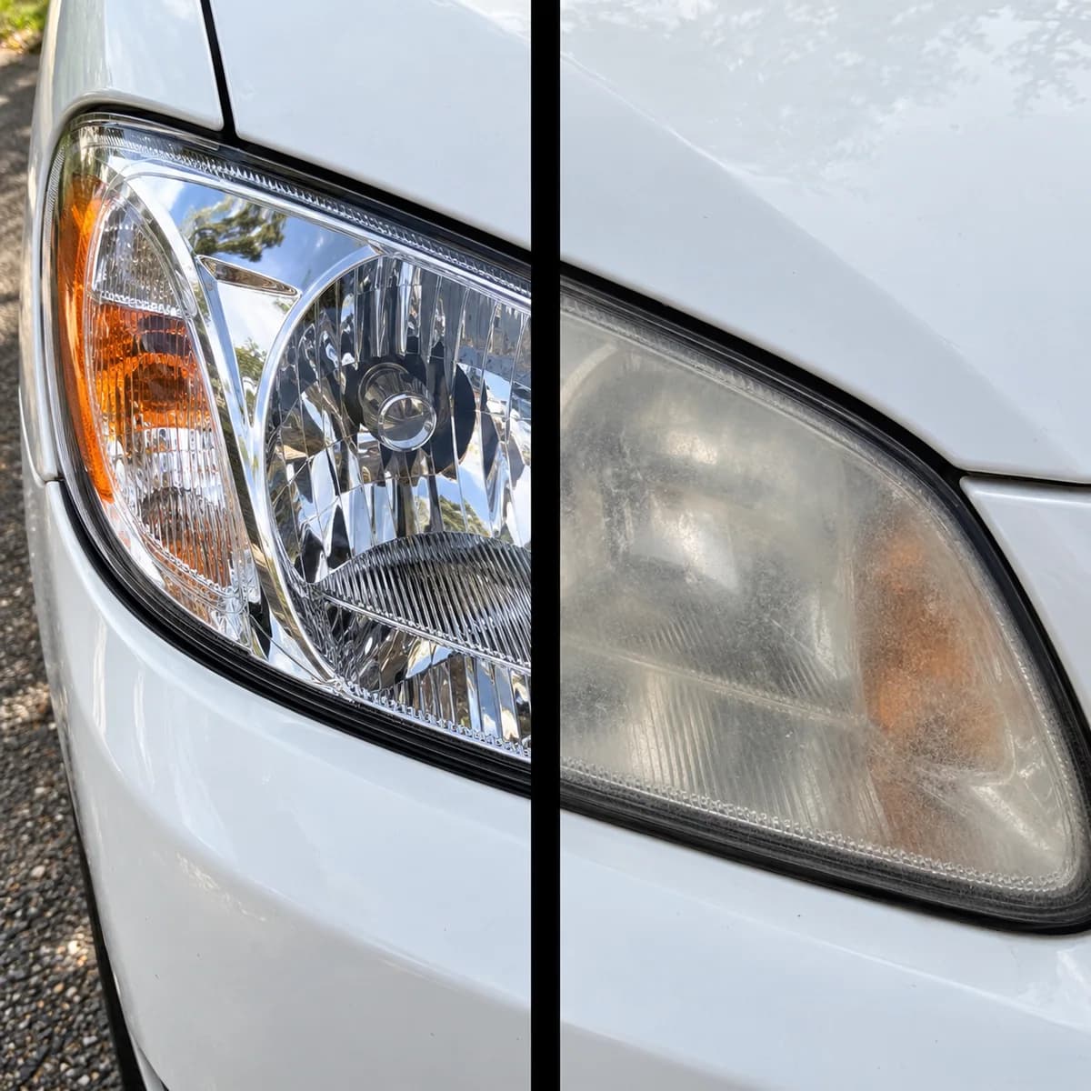 Before-and-after headlight restoration on a white vehicle, showing a polished clear lens beside the hazy original condition